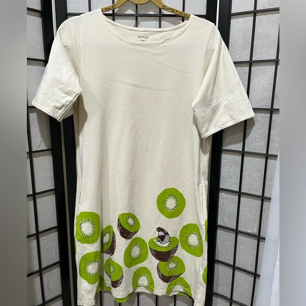 VINTAGE GRANIPH Kiwi Print Cream A-LINE SHORT SLEEVES TEE SHIRT Dress, SIZE S/M - Picture 3 of 10